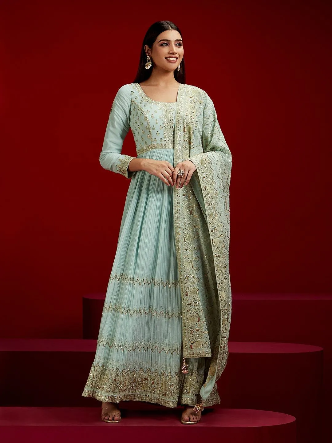 Libas Art Sea Green Yoke Design Georgette A-Line Kurta With Trousers & Dupatta