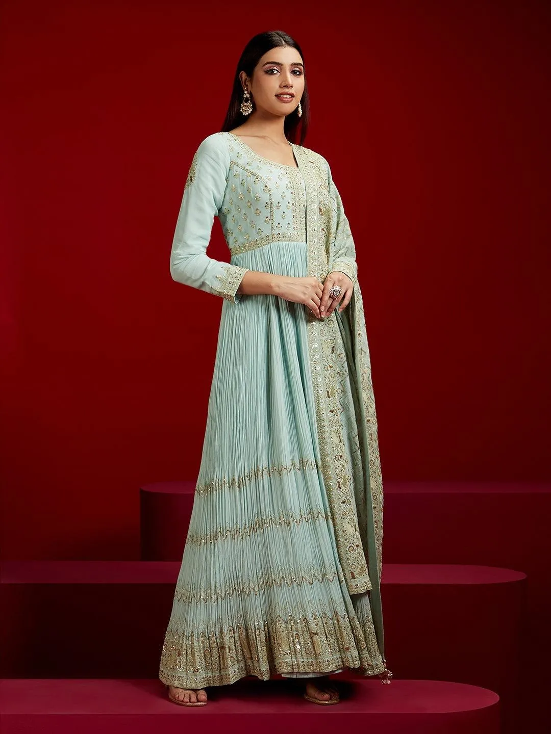 Libas Art Sea Green Yoke Design Georgette A-Line Kurta With Trousers & Dupatta