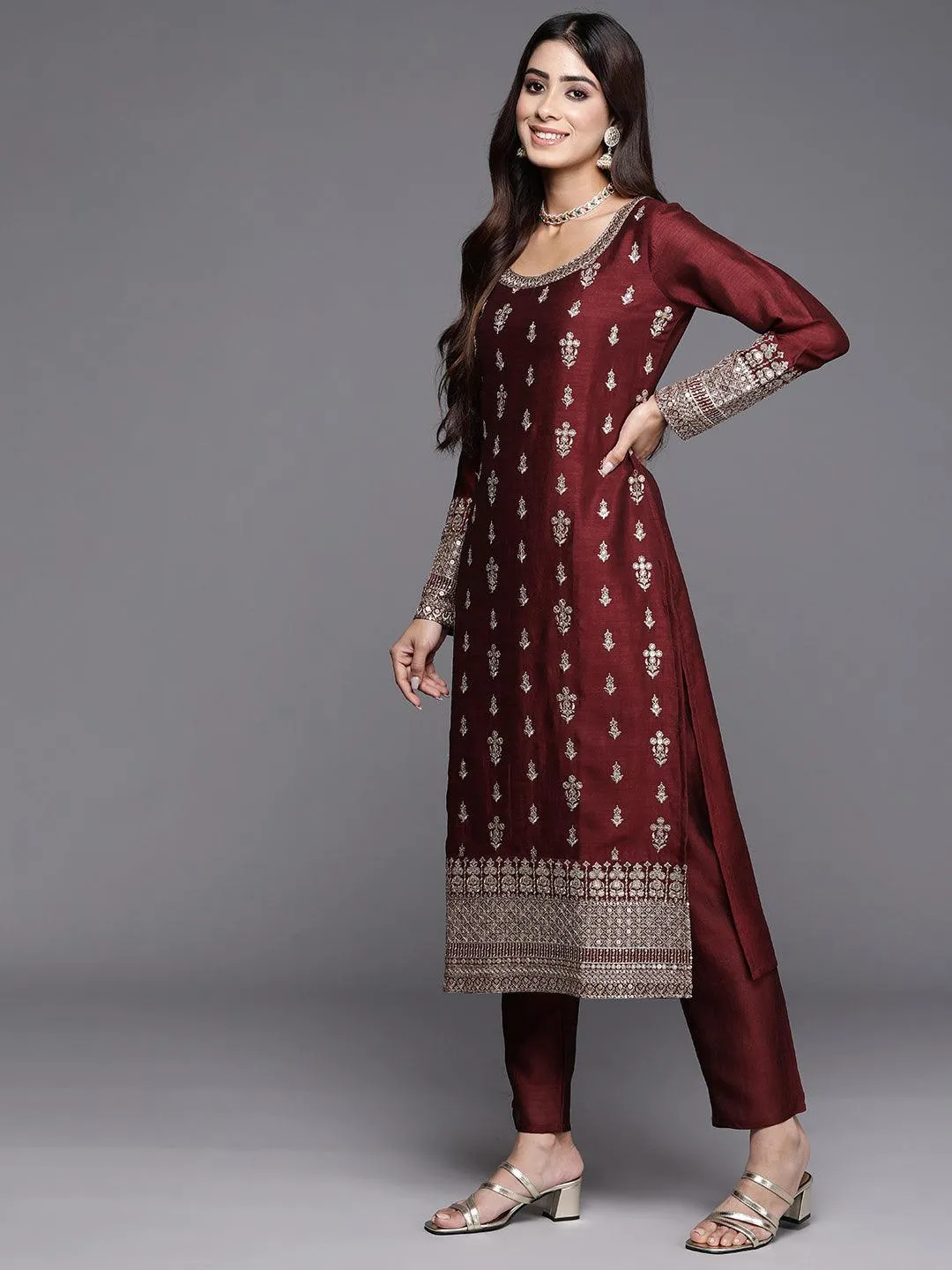 Maroon Embroidered Silk Blend Pakistani Suit