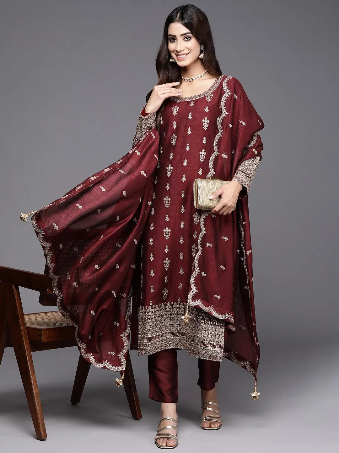 Maroon Embroidered Silk Blend Pakistani Suit