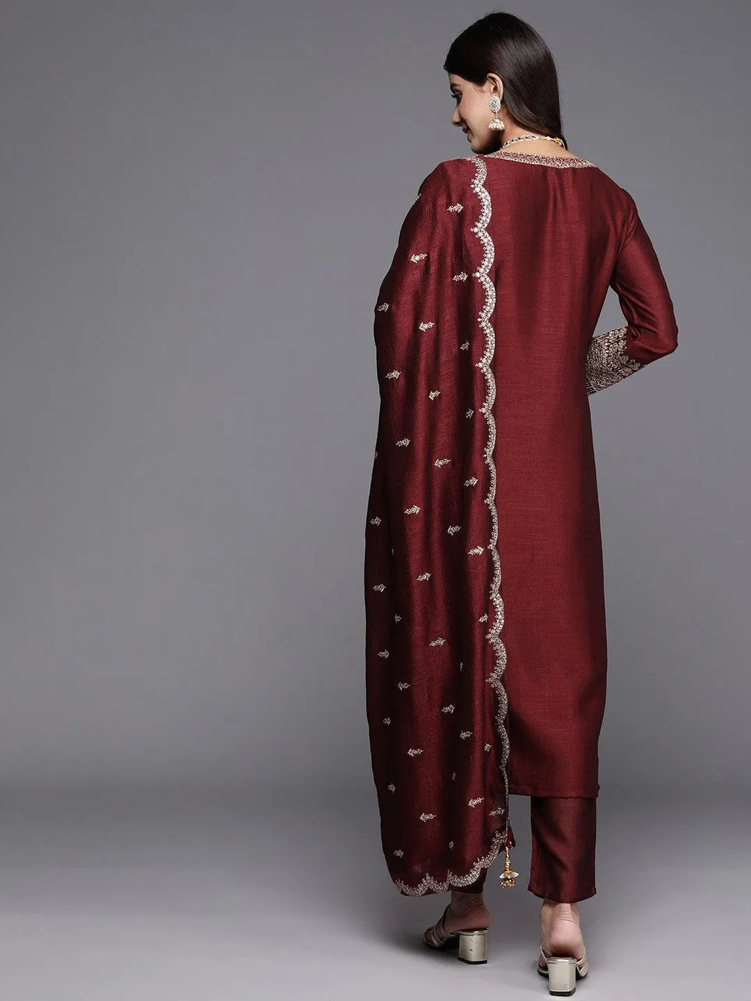 Maroon Embroidered Silk Blend Pakistani Suit