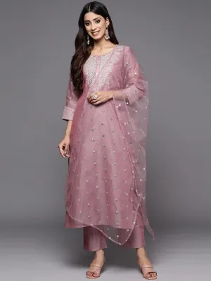 Mauve Zari Yoke Design Chanderi Silk Kurta with Trousers & Dupatta