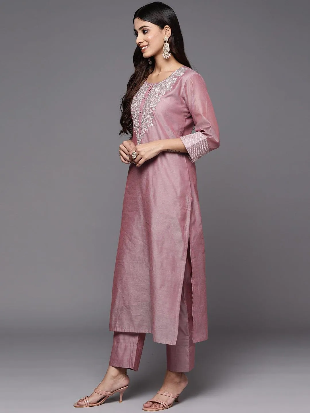 Mauve Zari Yoke Design Chanderi Silk Kurta with Trousers & Dupatta