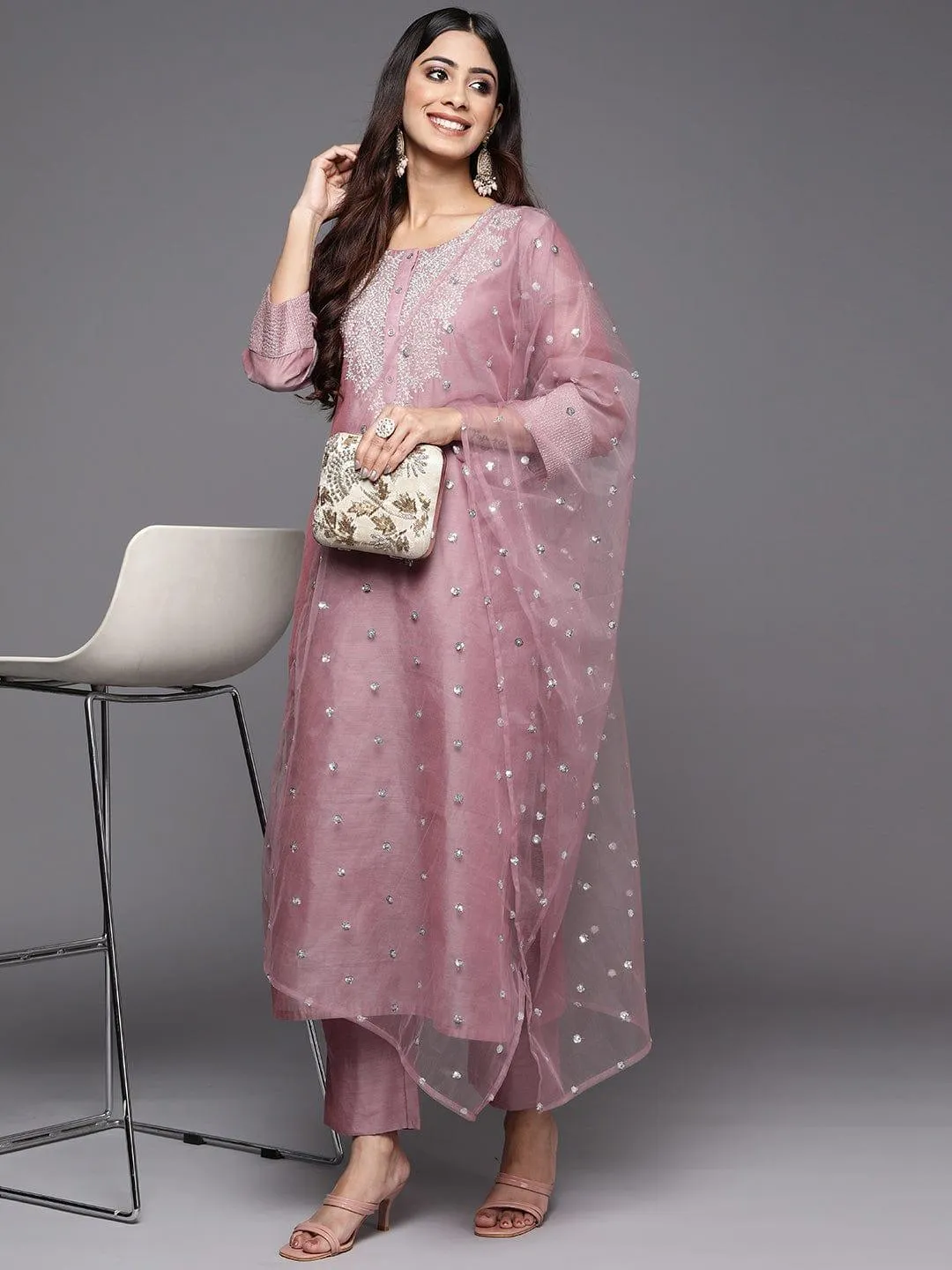 Mauve Zari Yoke Design Chanderi Silk Kurta with Trousers & Dupatta