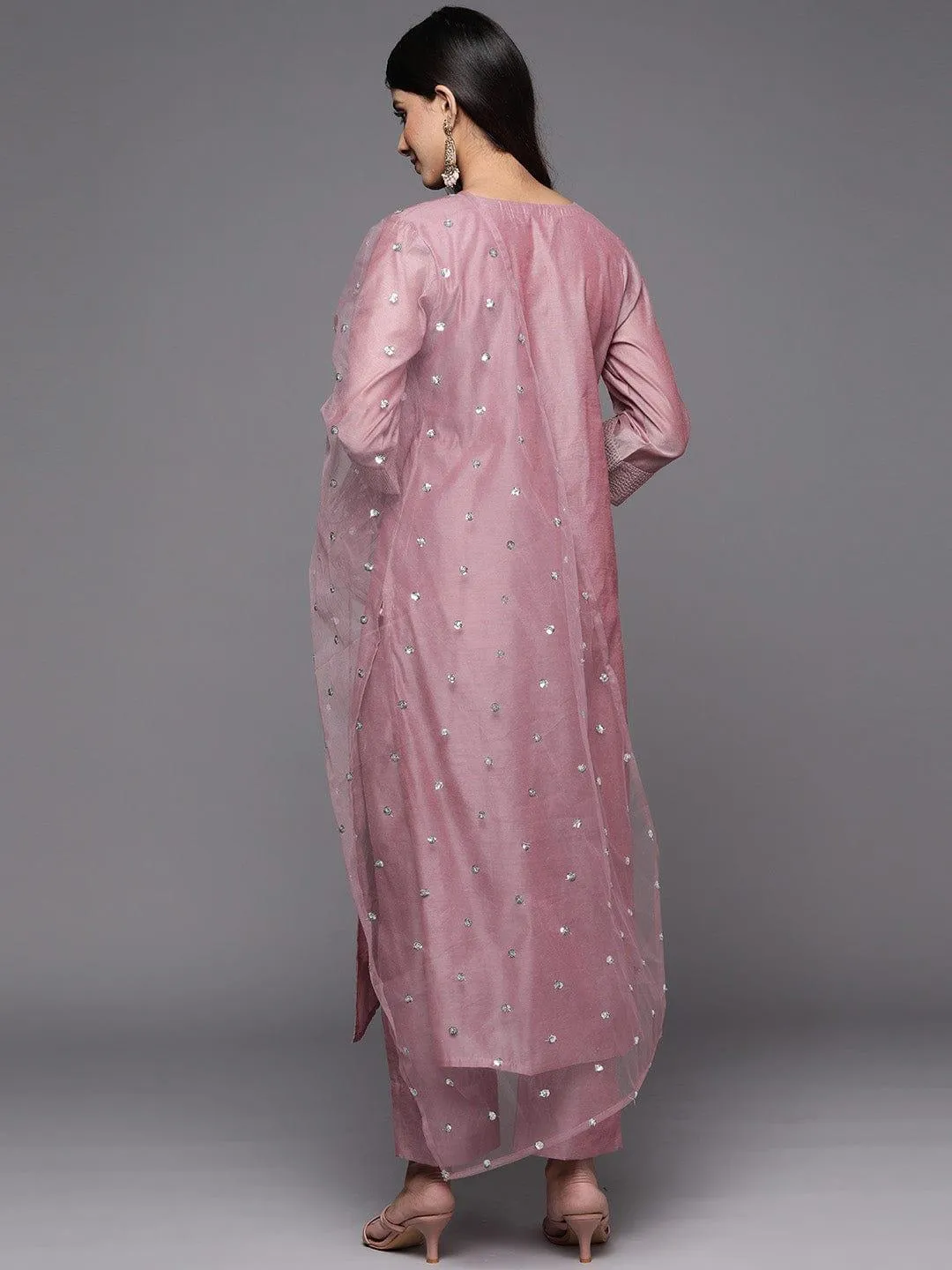 Mauve Zari Yoke Design Chanderi Silk Kurta with Trousers & Dupatta