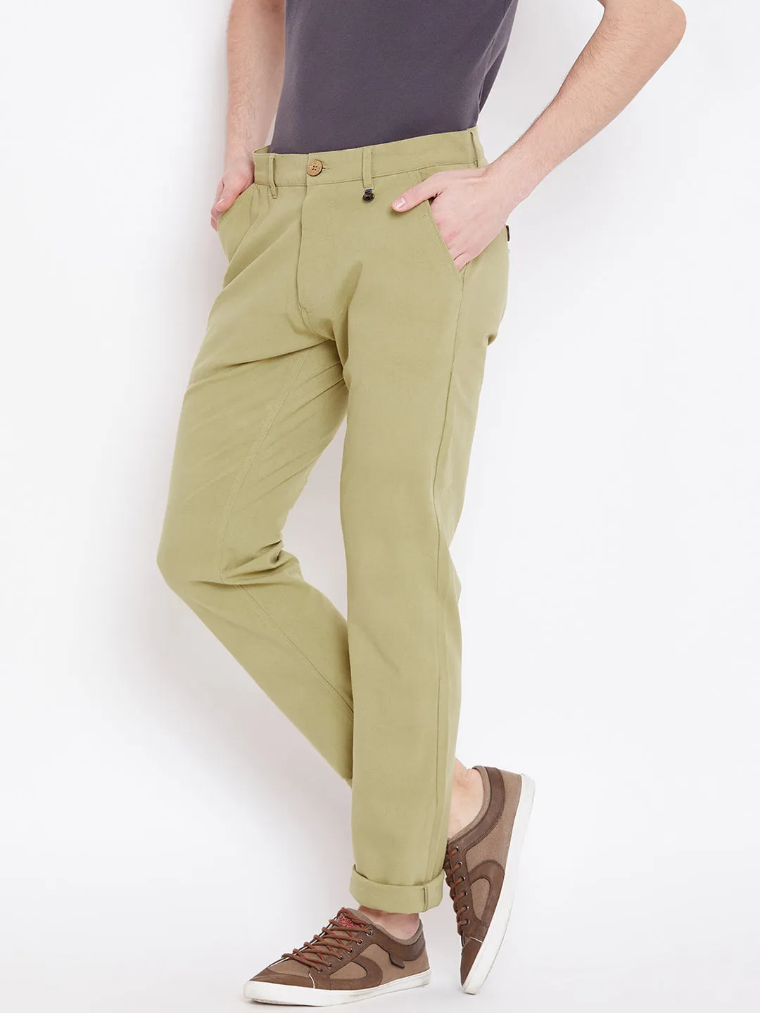 Men Beige Solid Casual Regular Fit Trousers