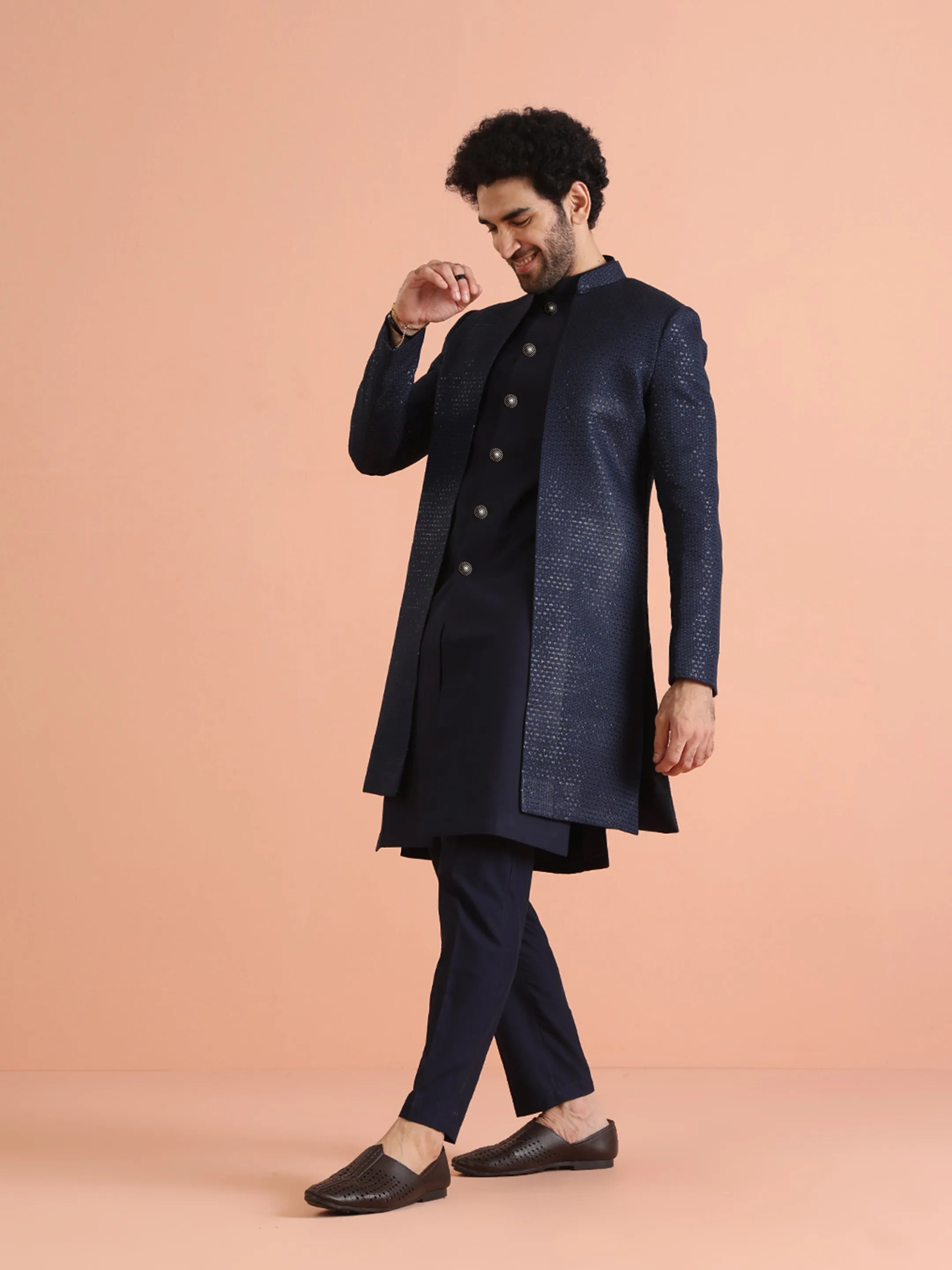 Men Navy Blue Self Design Kurta Indowestern Trousers Set