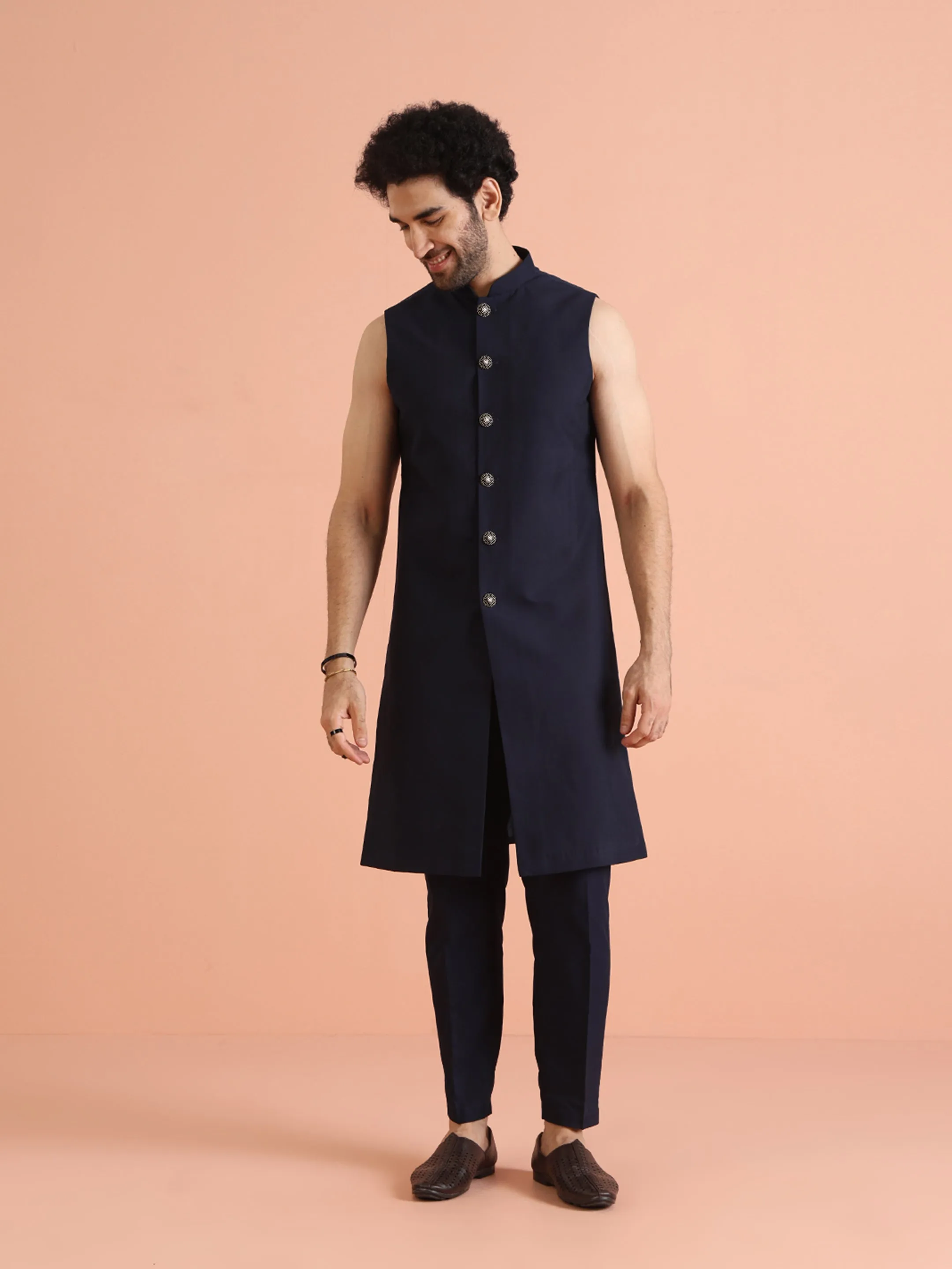 Men Navy Blue Self Design Kurta Indowestern Trousers Set