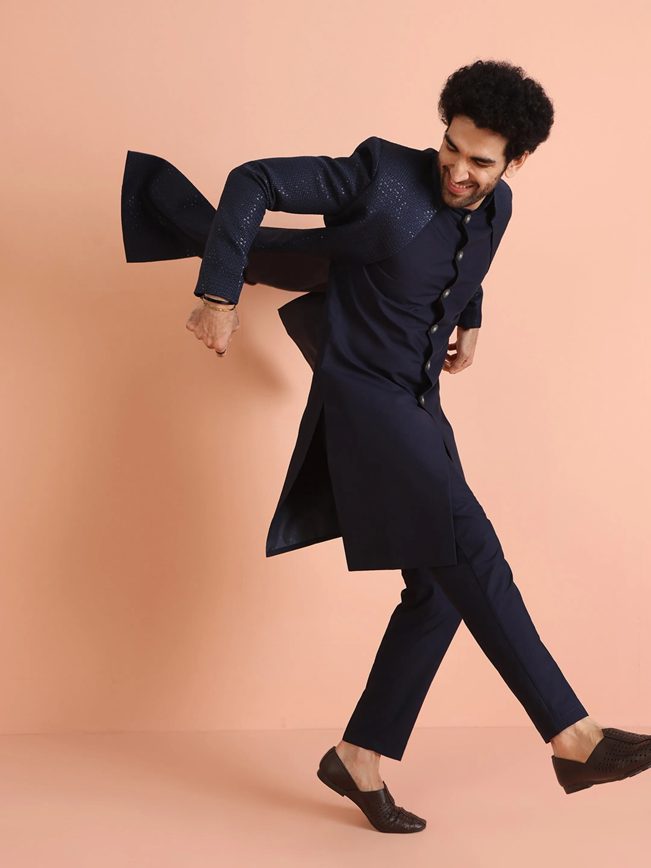 Men Navy Blue Self Design Kurta Indowestern Trousers Set