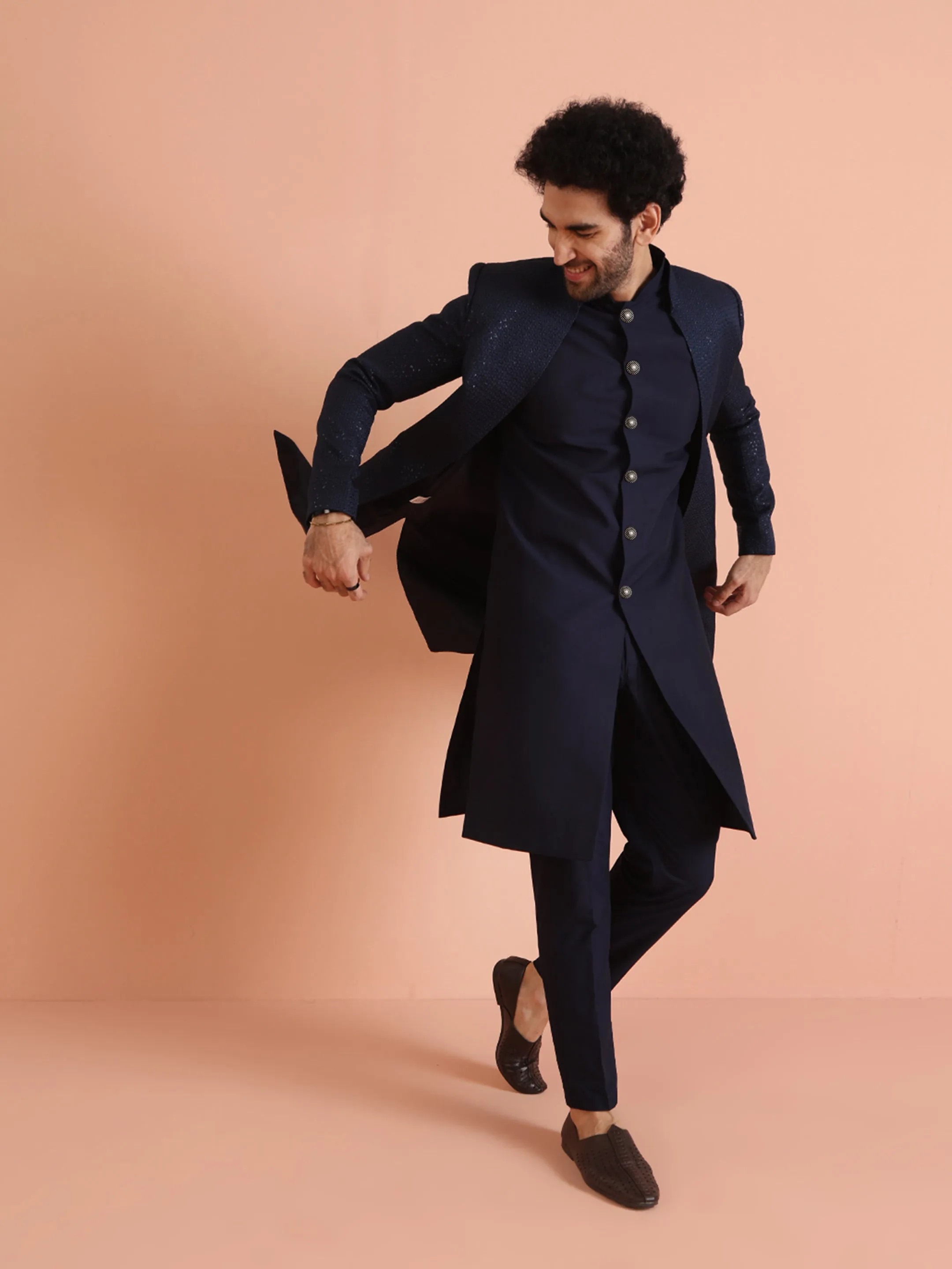 Men Navy Blue Self Design Kurta Indowestern Trousers Set