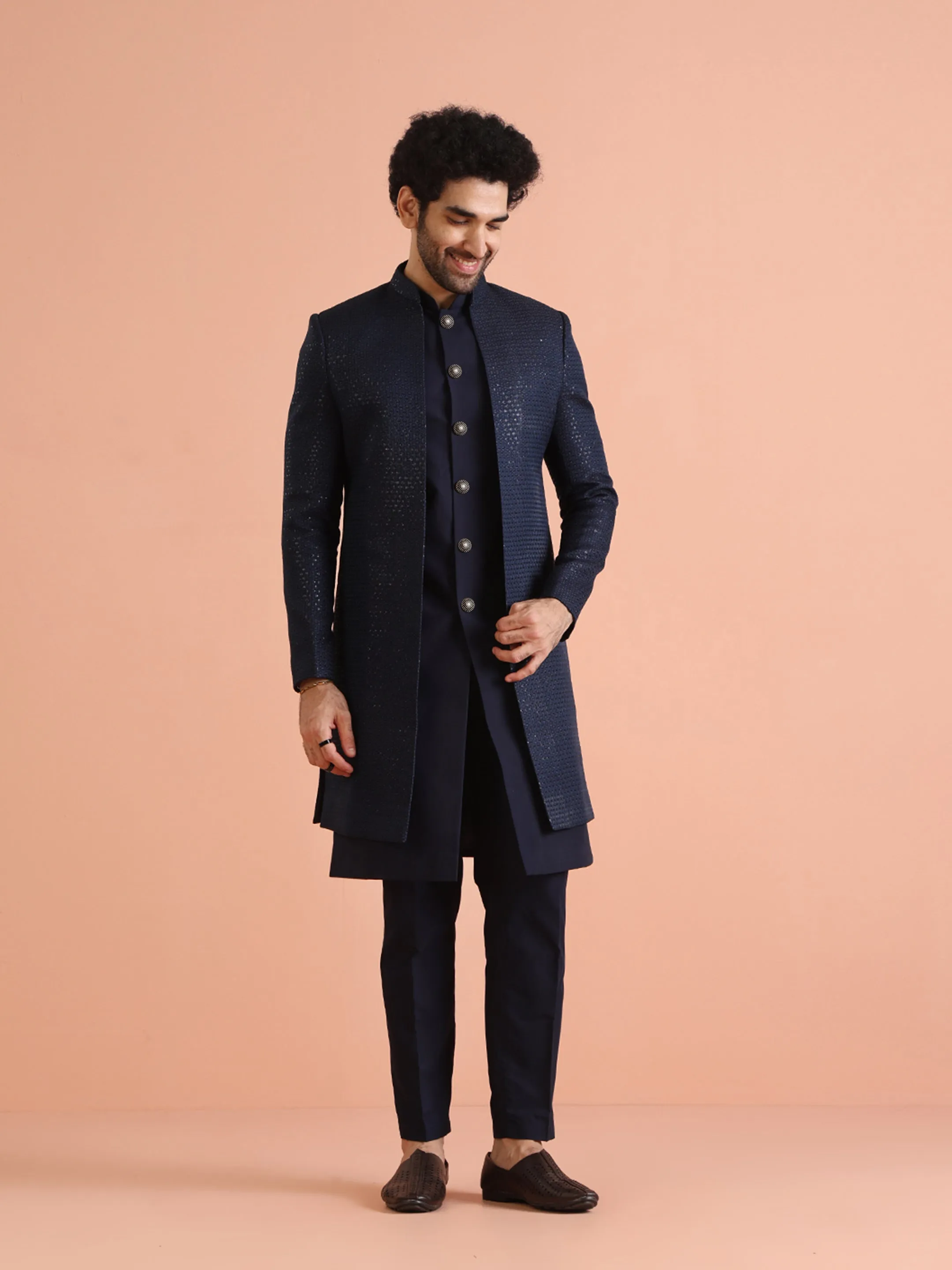 Men Navy Blue Self Design Kurta Indowestern Trousers Set