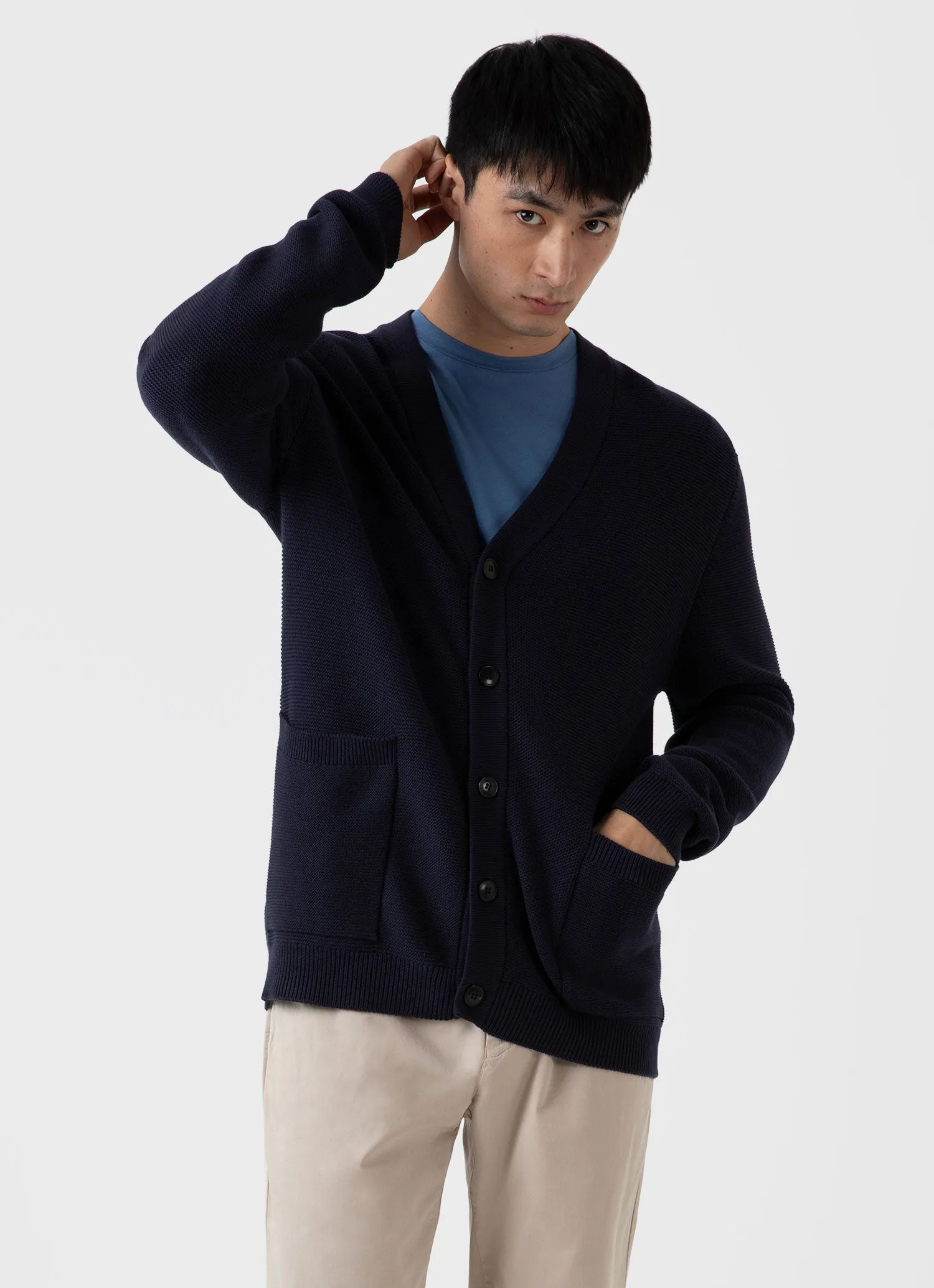 Men's Cotton Texture Cardigan in Navy