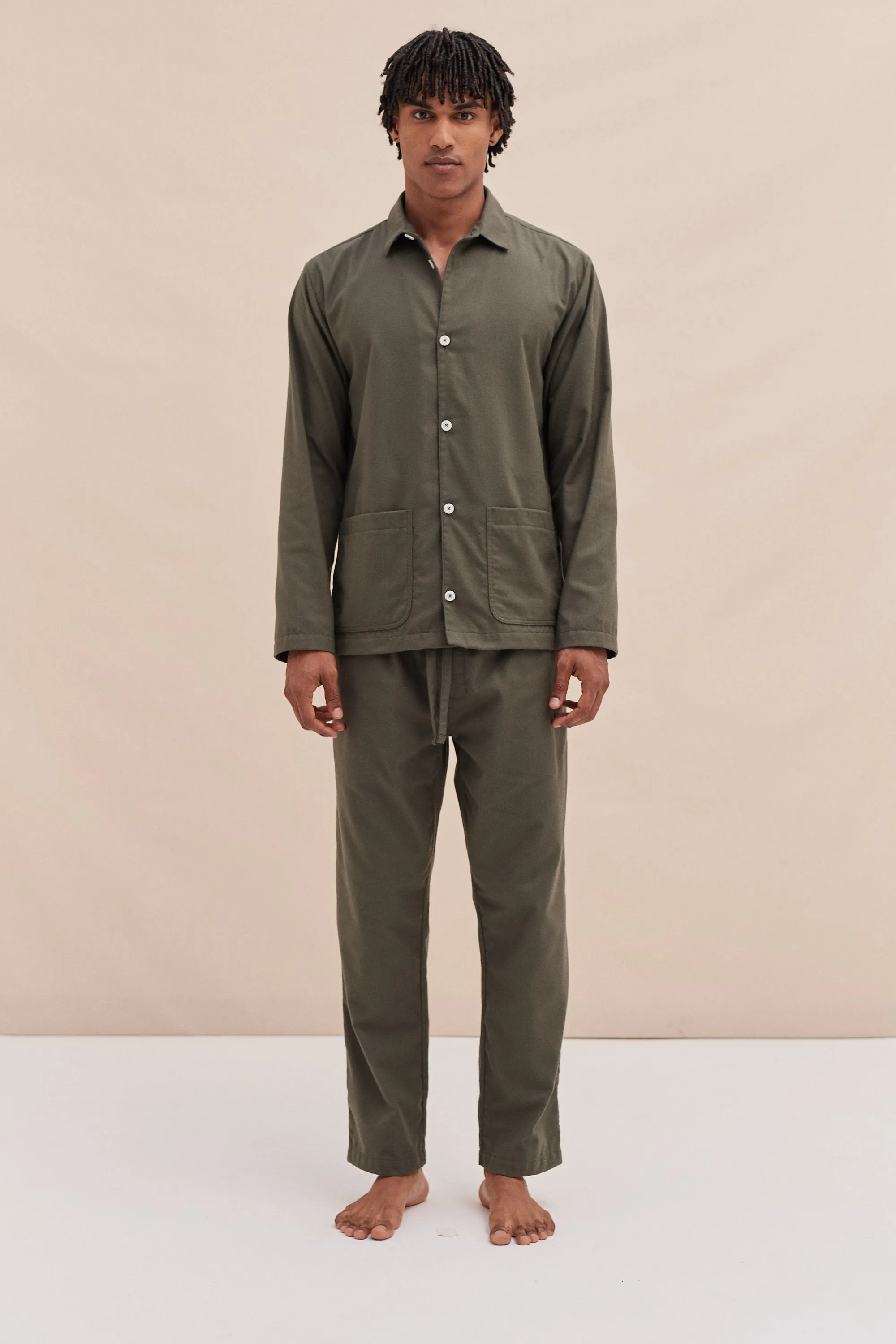 Mens Pocket Pyjama Set Brushed Cotton Khaki