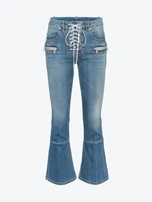 Mid Rise Lace-Up Cropped Kick Flare Jeans