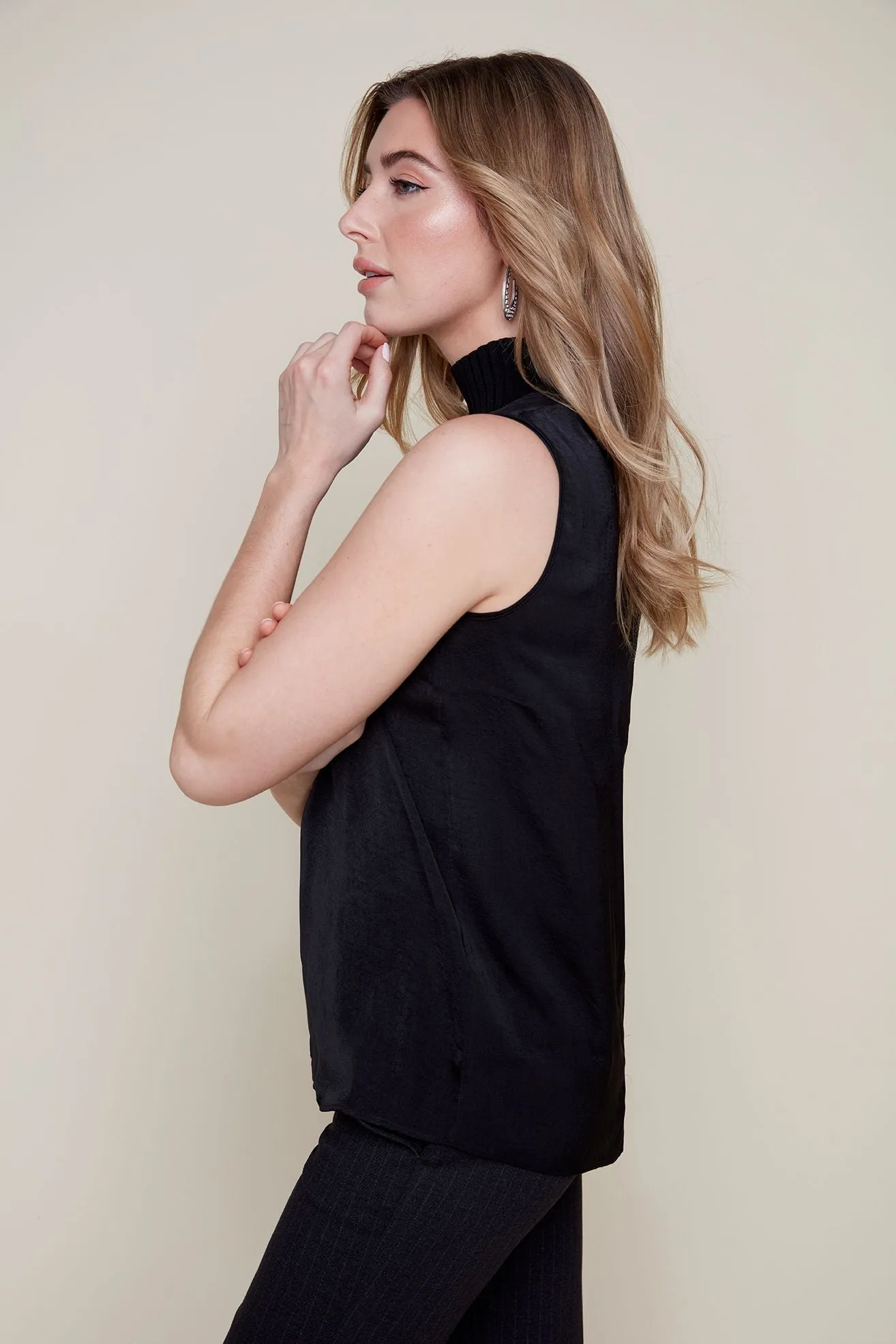 Mock Neck Woven Sleeveless Top