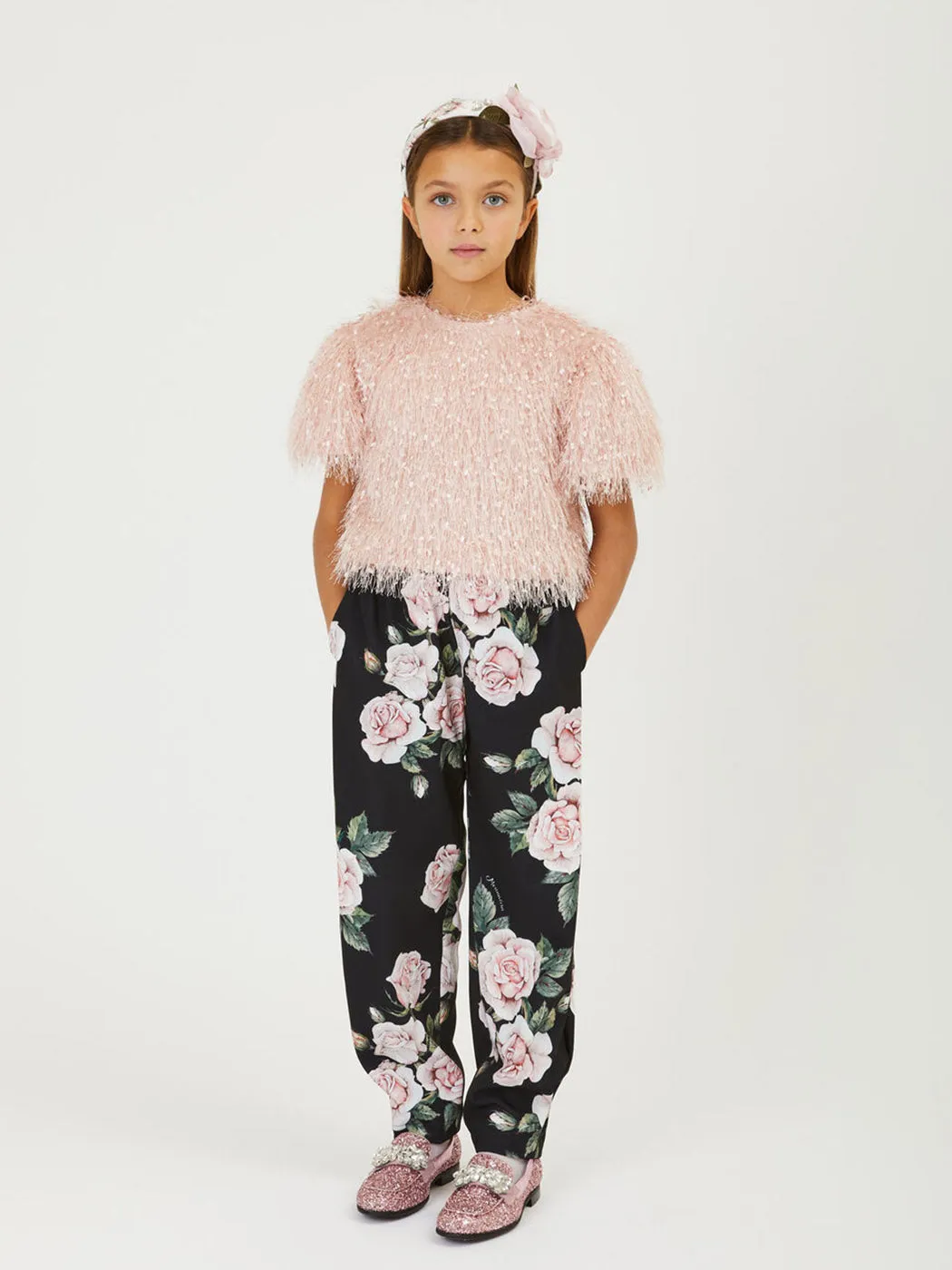 MONNALISA Rose print cady trousers