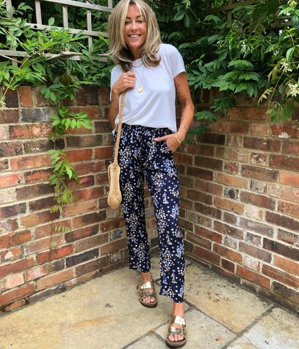 Navy Flower Print Linen Blend Trousers