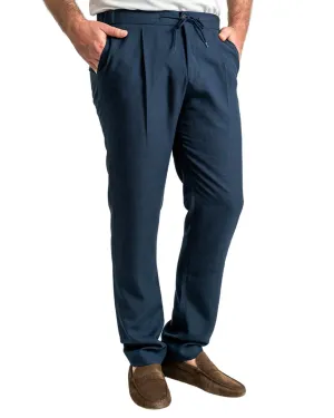 Navy Linen Blend Drawstring Trousers