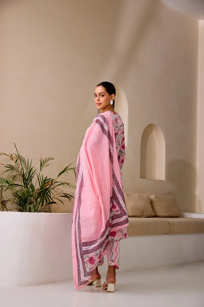 Neerus Baby Pink Straight Embellished Kurta And Trousers With Dupatta