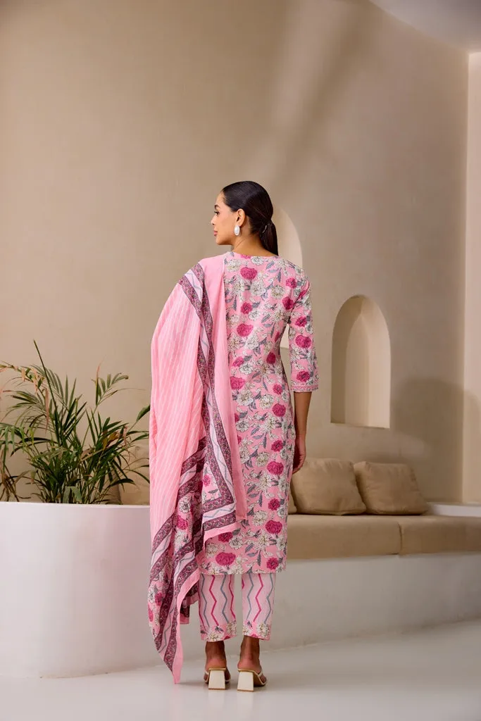 Neerus Baby Pink Straight Embellished Kurta And Trousers With Dupatta