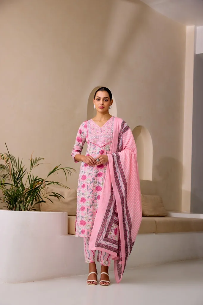 Neerus Baby Pink Straight Embellished Kurta And Trousers With Dupatta