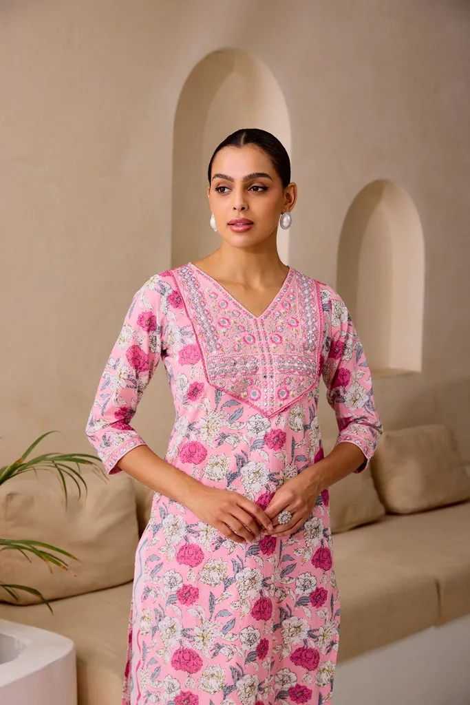 Neerus Baby Pink Straight Embellished Kurta And Trousers With Dupatta