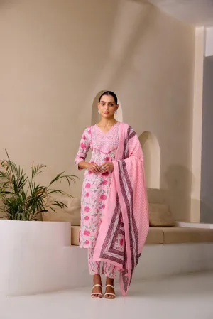 Neerus Baby Pink Straight Embellished Kurta And Trousers With Dupatta