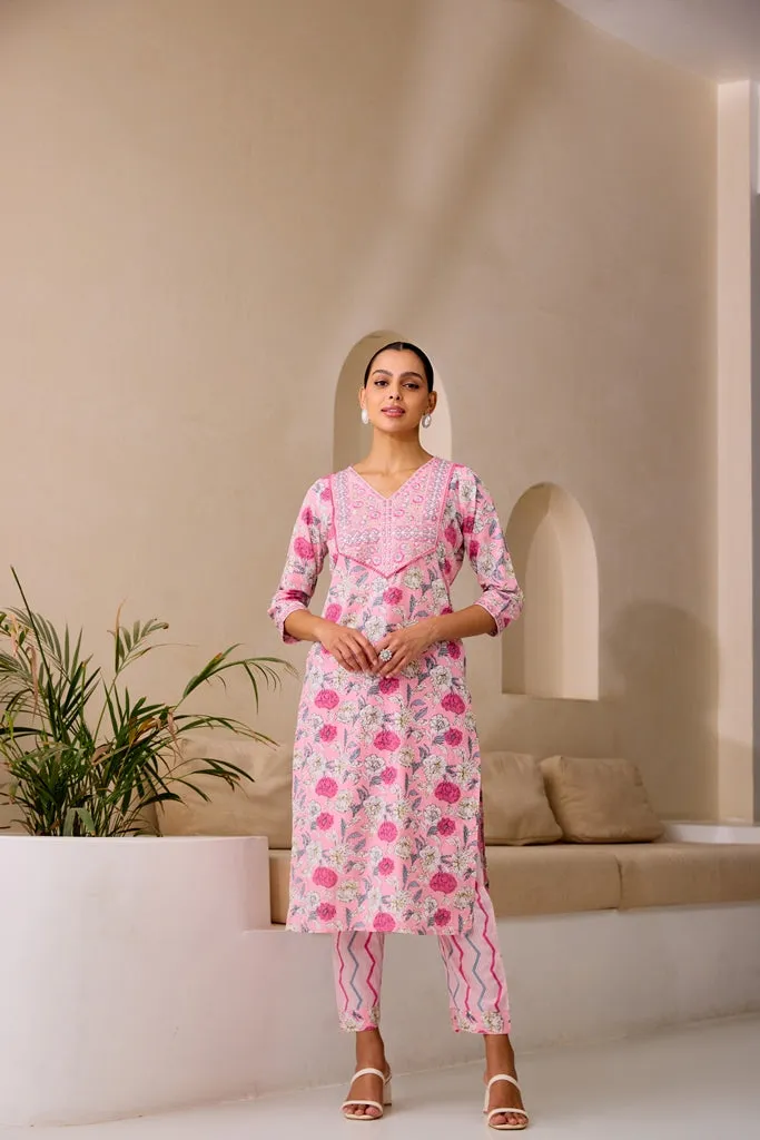 Neerus Baby Pink Straight Embellished Kurta And Trousers With Dupatta