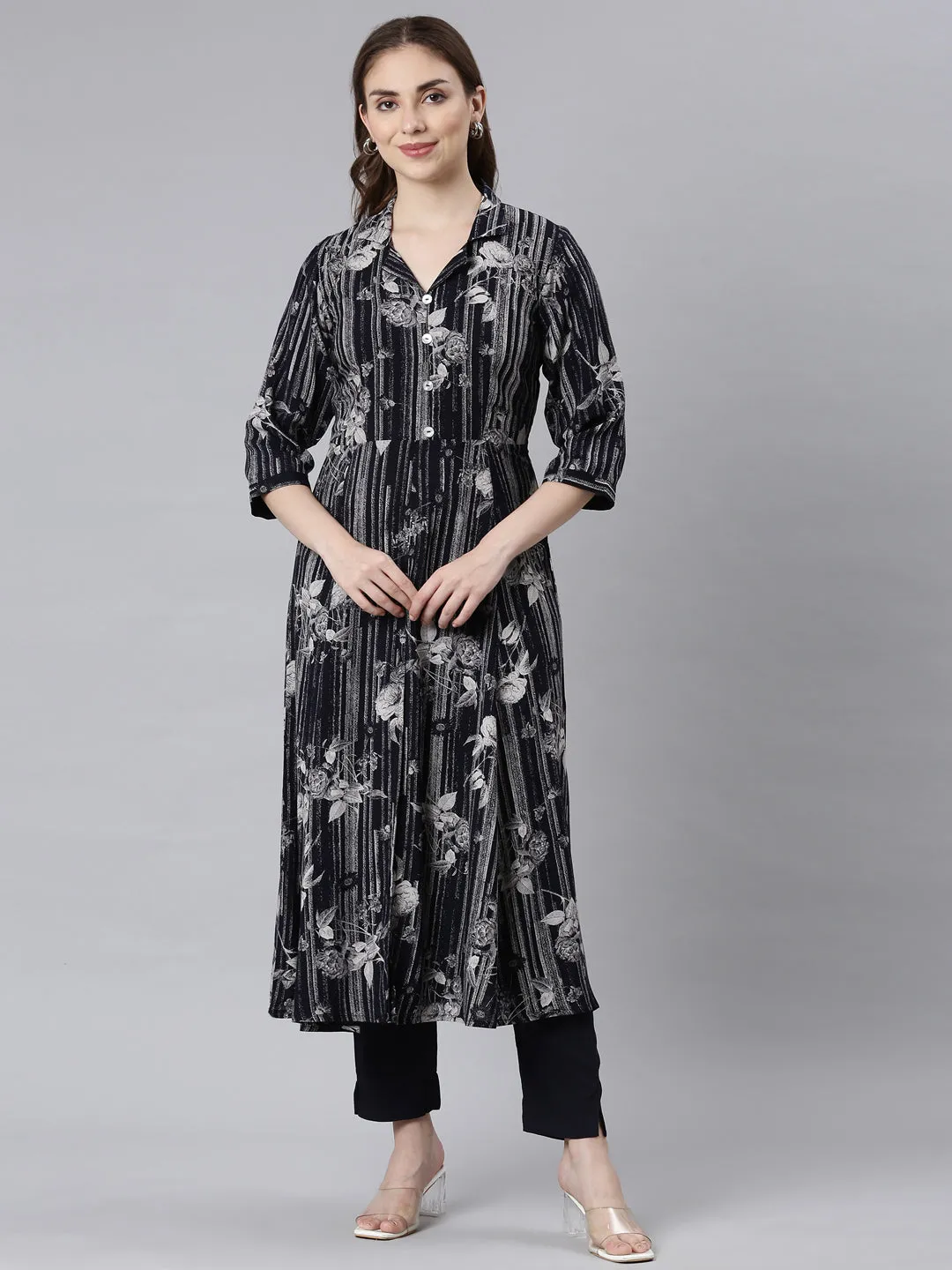 Neerus Black Panelled Straight Floral Kurta And Trousers