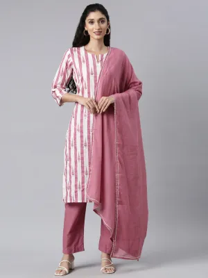 Neerus Purple Panelled Straight Kurta and Trousers With Dupatta