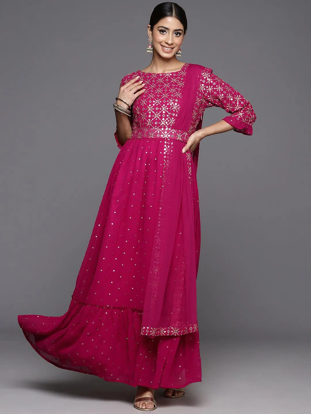 Pink Embroidered Georgette Anarkali Suit With Dupatta