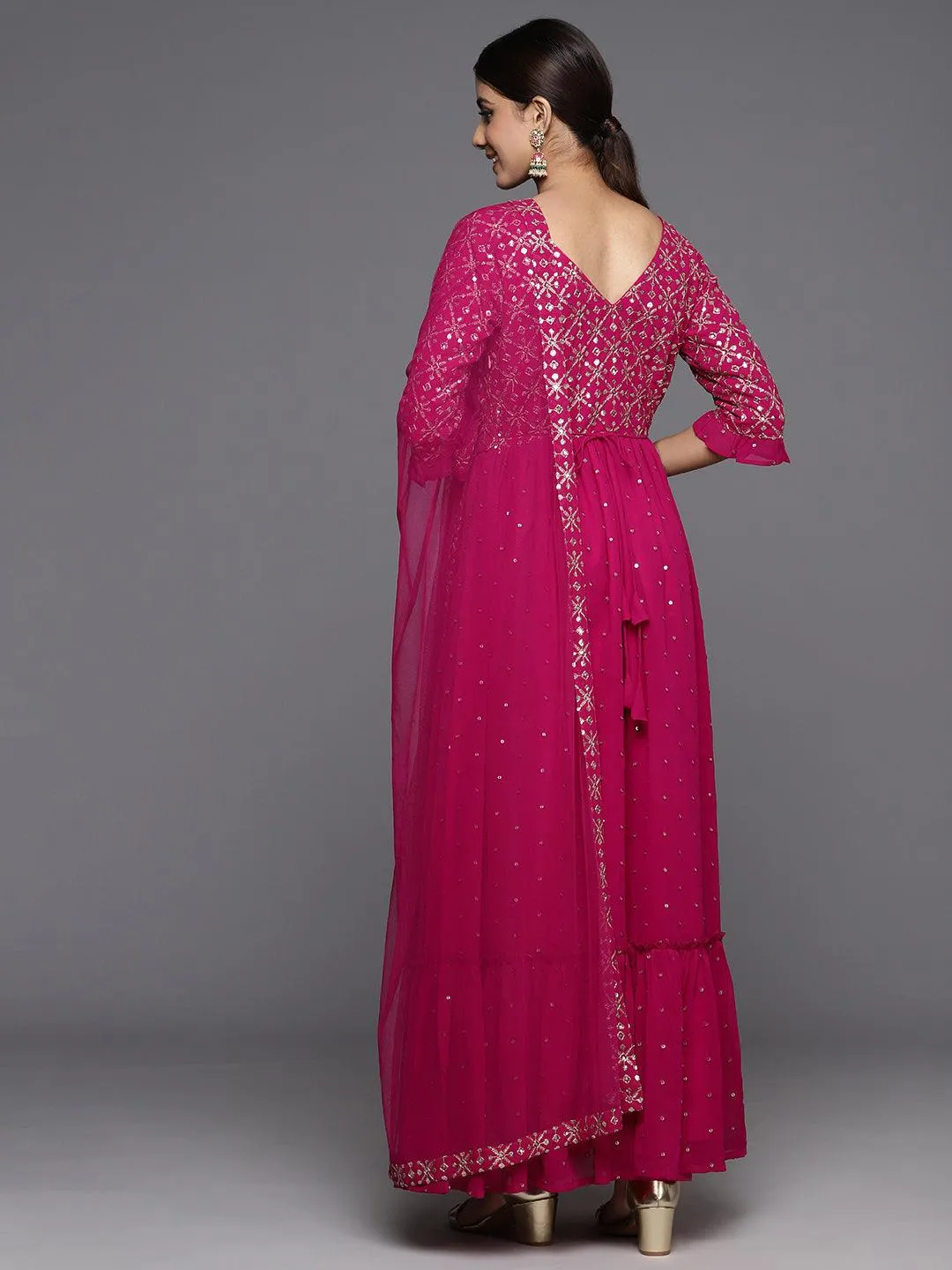 Pink Embroidered Georgette Anarkali Suit With Dupatta