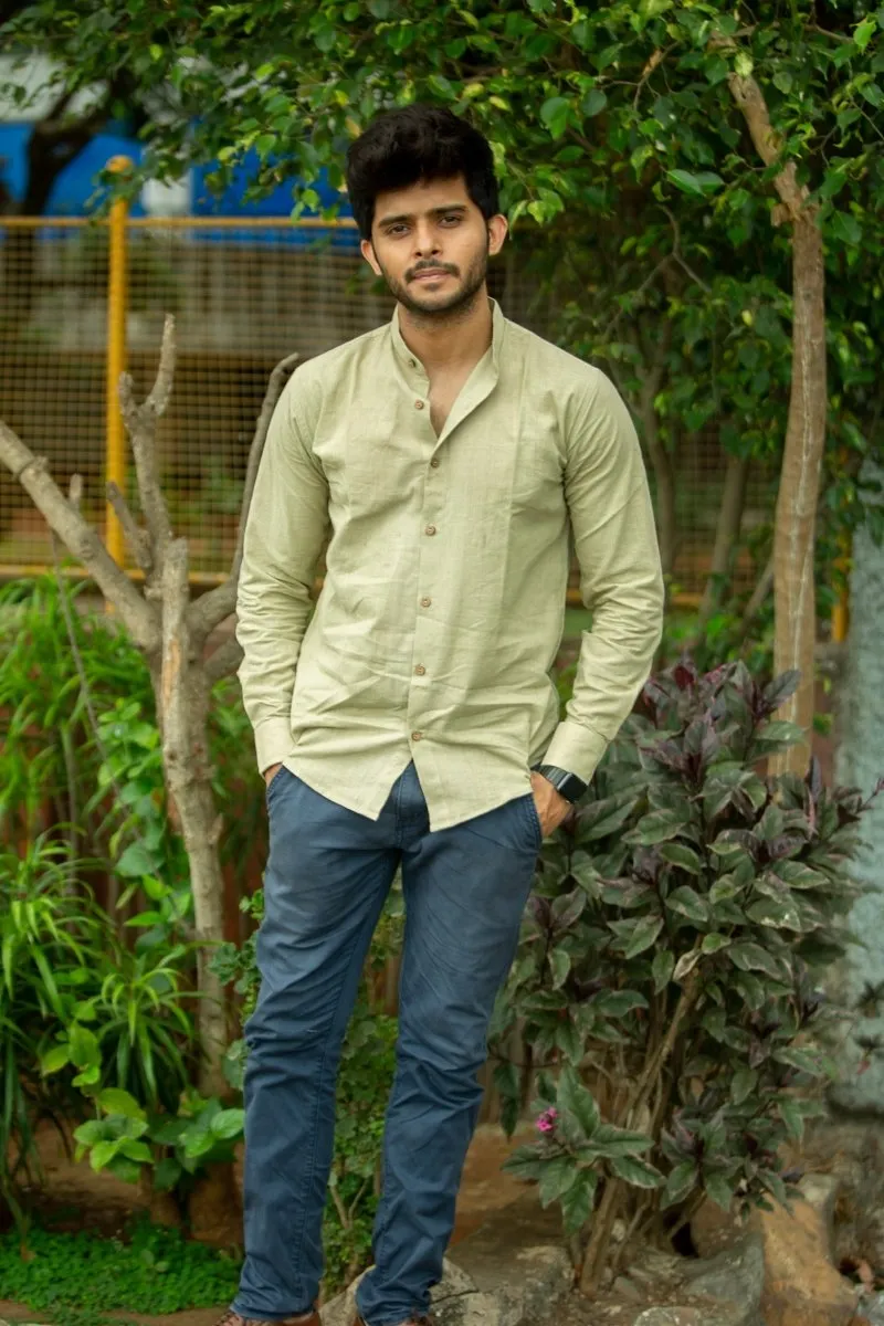 Pistachio Mandarin Collar Khadi Shirt