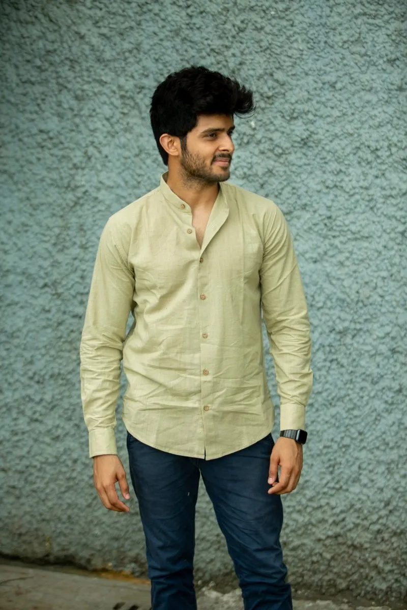 Pistachio Mandarin Collar Khadi Shirt