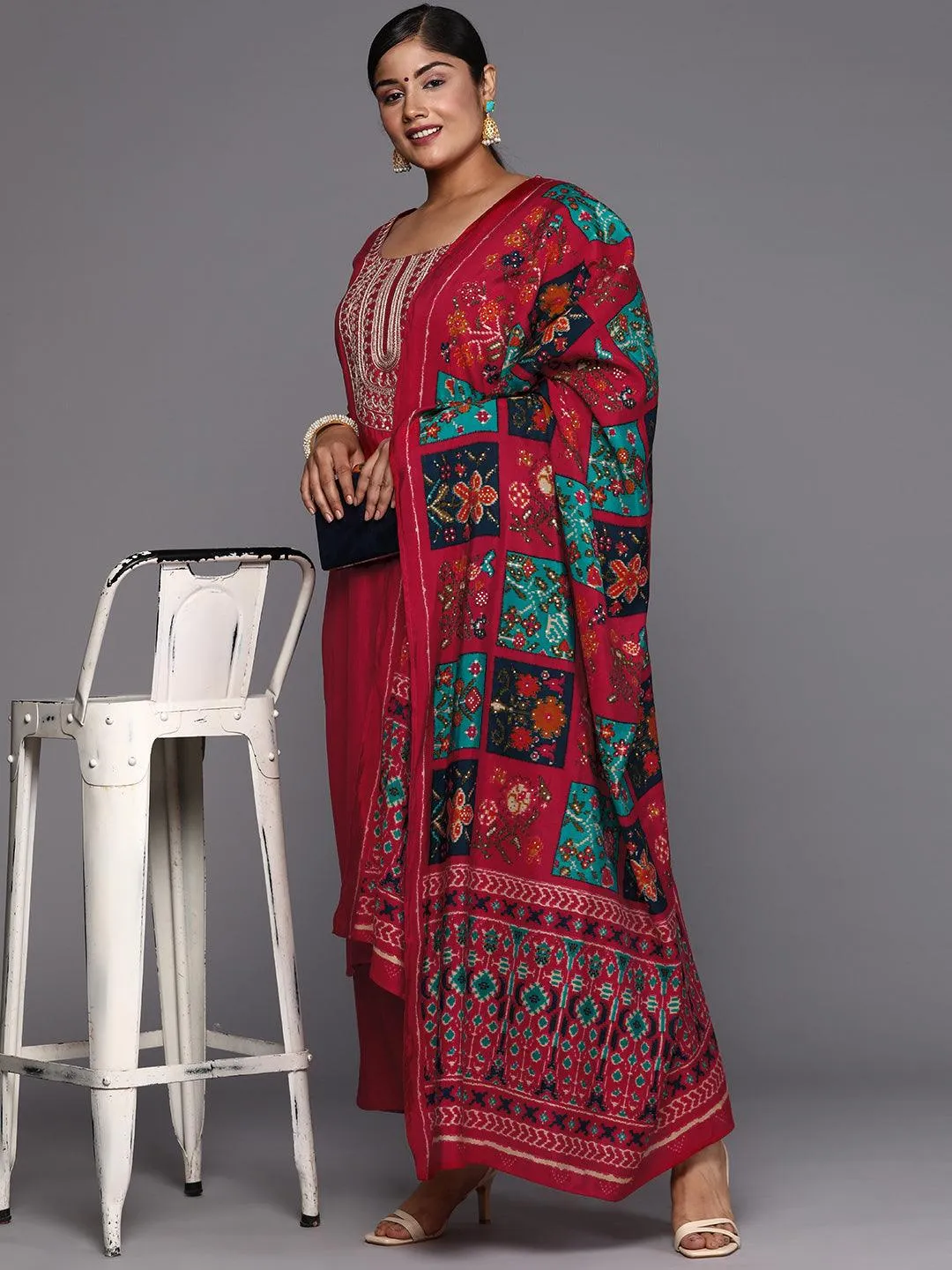 Plus Size Pink Embroidered Silk Blend Straight Suit With Dupatta