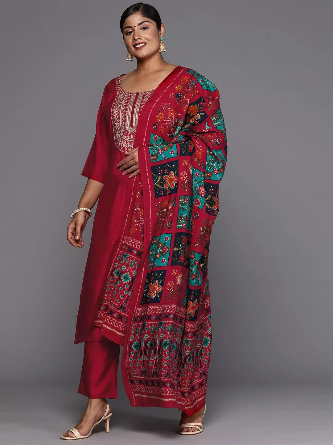 Plus Size Pink Embroidered Silk Blend Straight Suit With Dupatta