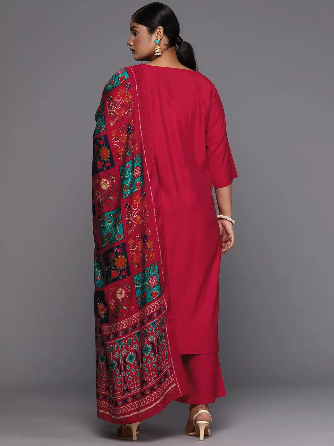 Plus Size Pink Embroidered Silk Blend Straight Suit With Dupatta