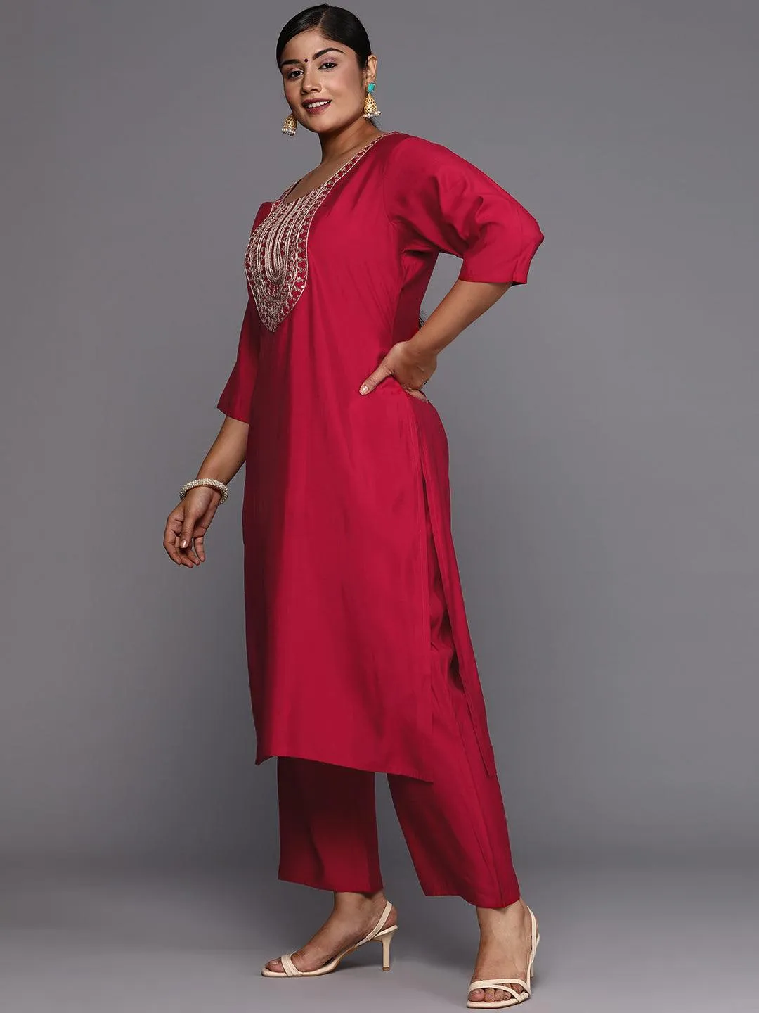 Plus Size Pink Embroidered Silk Blend Straight Suit With Dupatta