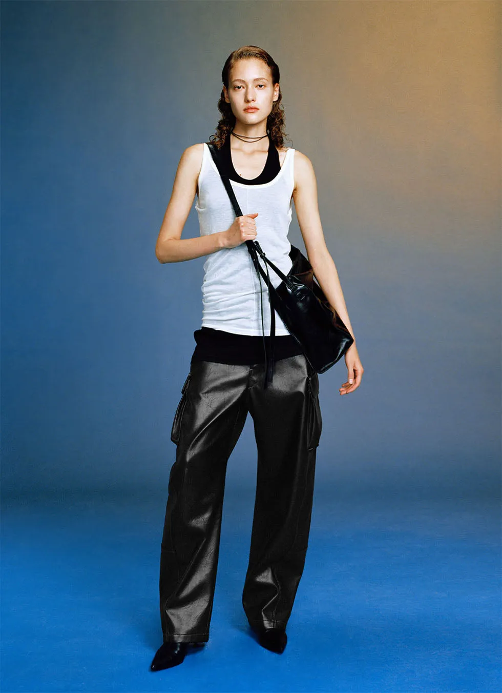 PU leather casual pants with pockets