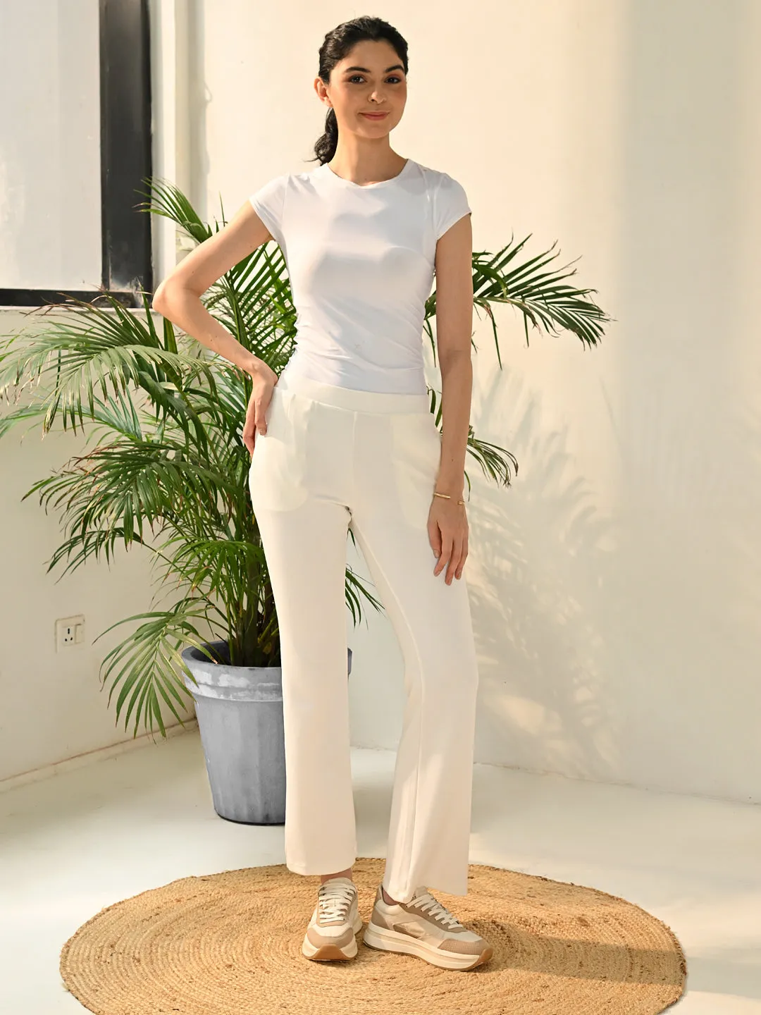 Raina White Relaxed Fit Trousers for Women