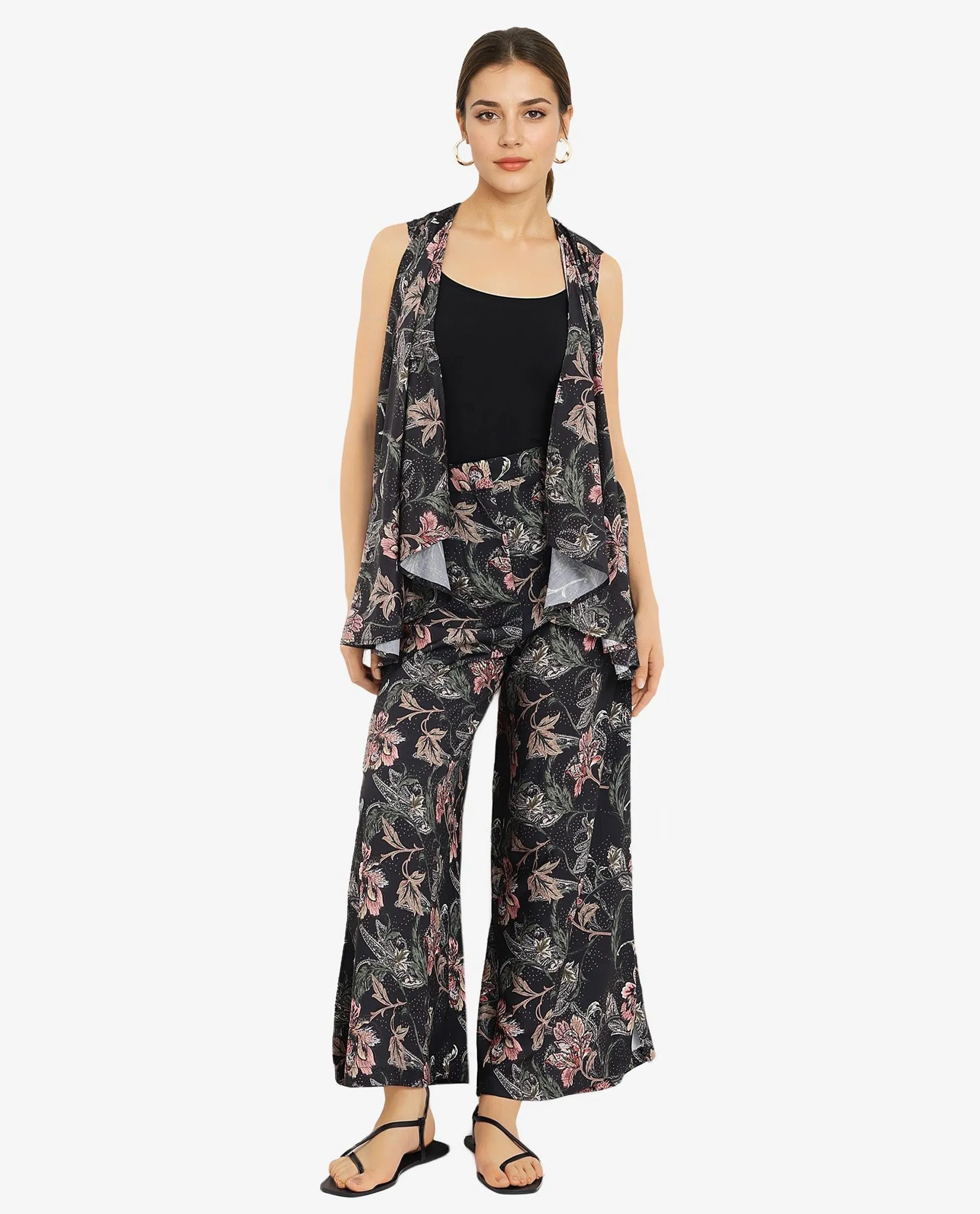 Rareism Women Posria Multi Zip Flared Ankle Length Tropical Print Trouser