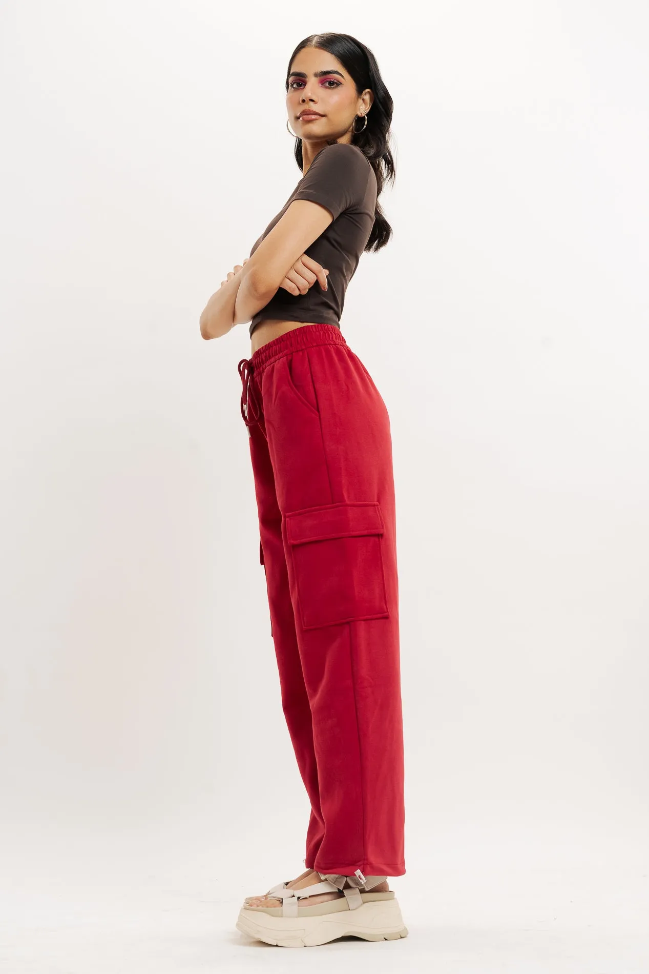 Red Knit Wide Leg Cargo Trouser