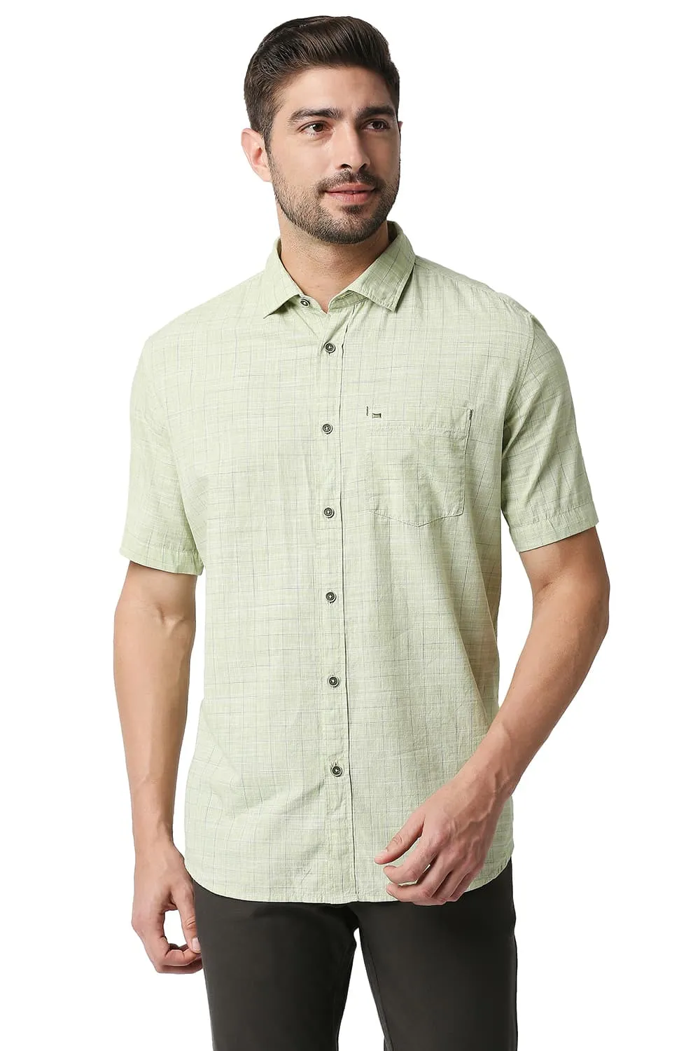 Slim Fit Slub Checks Halfsleeves Shirt