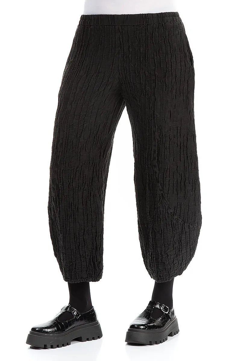 Taper Crinkled Black Silk Linen Trousers