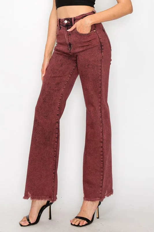 TEEK - PLUS SIZE BLEACHED BURGUNDY HIGH RISE FLARED LEG JEANS