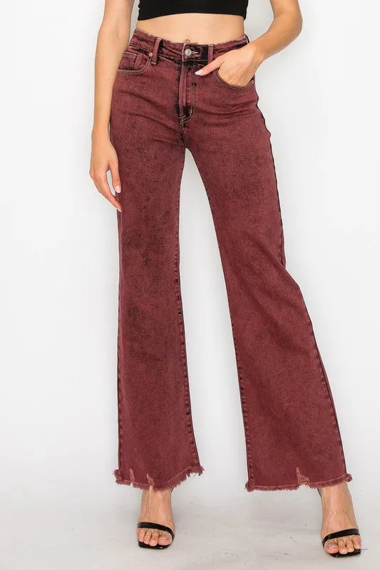 TEEK - PLUS SIZE BLEACHED BURGUNDY HIGH RISE FLARED LEG JEANS