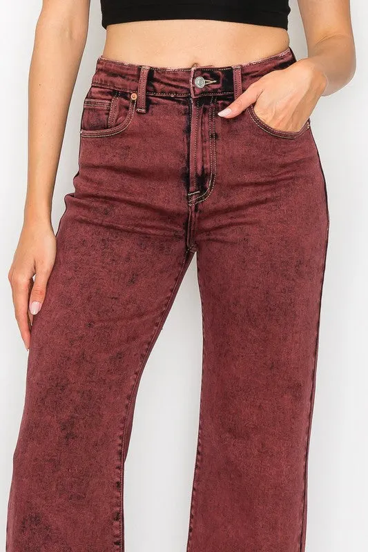 TEEK - PLUS SIZE BLEACHED BURGUNDY HIGH RISE FLARED LEG JEANS