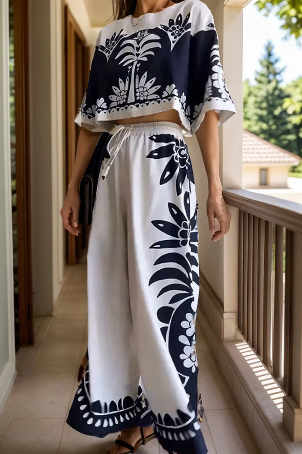 TEEK - White Printed Half Sleeve Top Wide Leg Pants Set