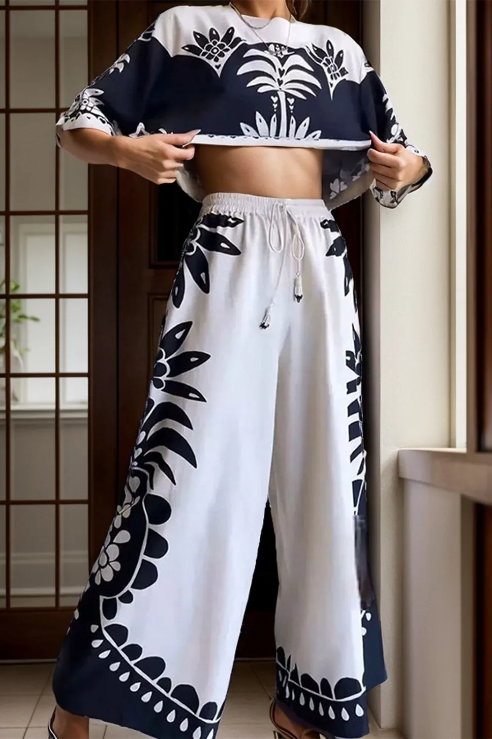 TEEK - White Printed Half Sleeve Top Wide Leg Pants Set