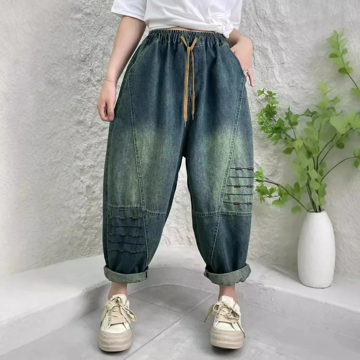 TEEK - Womens Minimalist Distressed Elastic Waist Denim Trousers